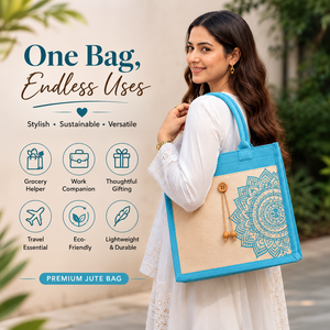 Bolsa de Yute Laminada Azul con Estampado de Mandala y Botón de Madera, Bolsa de Compras Reutilizable Ecológica para Exposiciones y Bodas - Product Image 1