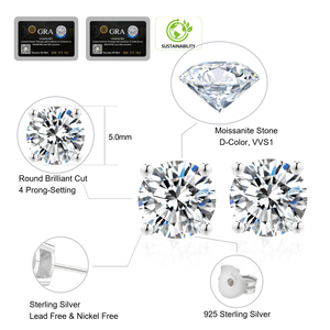 Boucles <span class=keywords><strong>d</strong></span>'oreilles en moissanite pour filles, argent sterling 925, coupe ronde, <span class=keywords><strong>diamant</strong></span> de laboratoire cultivé, moissanite pour femmes <span class=keywords><strong>et</strong></span> hommes, plaqué <span class=keywords><strong>or</strong></span> <span class=keywords><strong>blanc</strong></span> - Product Image 2
