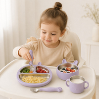 Ensemble de vaisselle pour bébé sur le thème du lapin, bol, assiette et tasse, intérieur en acier inoxydable, extérieur en silicone, ventouse, vaisselle pour tout-petits, ensemble de sevrage