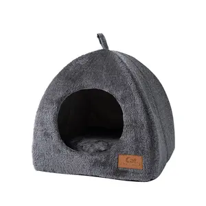 Plush dobrável cão gato cama antiderrapante Pet Kennel Grey Kitten Casa interior fechado dormindo gatos caverna cama para cães pequenos tenda