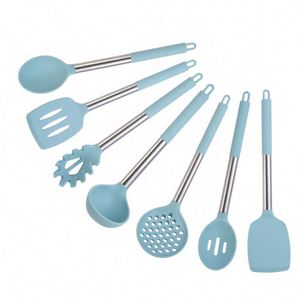 Premium Customized 7-Piece Nordic Kitchenware Accessory Set Blue <b>Silicone</b> Cooking <b>Tools</b> with Stainless Steel Handle Home Kitchen - Product Image 1