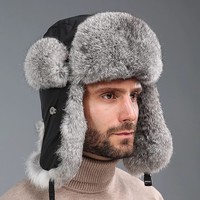 Gorro de Piel de Conejo Auténtica para Hombre, con Orejeras de Cuero Genuino, Cálido, Resistente al Viento, Estilo Ushanka, para Clima Frío, Venta al Por Mayor