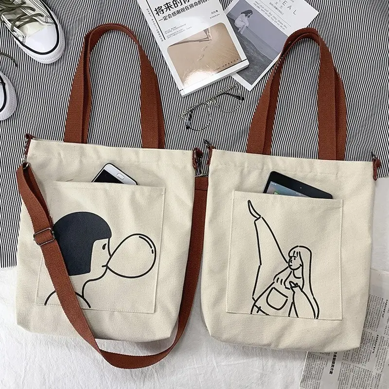 Custom Logo Size Printed Eco Friendly Recycled cross body Large Calico ins cute Cotton Canvas Grocery Shopping Strap Tote Bag