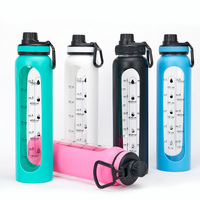 Botella de agua de vidrio ecológica de 1000 ml de gran capacidad con cuerda para transportar, botella de agua de vidrio para viajes y uso en exteriores con funda de silicona.