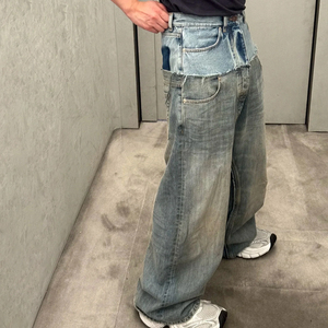 Pantalones Vaqueros Y2K con Parches y Estilo Desgastado para Hombre, Pantalones Anchos de Mezclilla de Estilo Vintage, Pantalones de Dos Tonos para Streetwear - Product Image 2