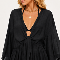 Robe mini fluide pour femme, col en V, avec découpe et lien sur le devant, manches kimono, couleur unie, pour la plage et l'été