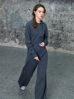 Ensemble décontracté deux pièces 100 % pure laine écologique pour femme : sweat à capuche avec cordon de serrage et pantalon large en maille côtelée, doux et chaud