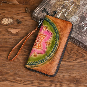 Ando Bag Genuine Leather Wallet Women Floral Embossed <b>Zip</b> <b>Around</b> Long <b>Purse</b> with Removable Wrist Strap - Product Image 3