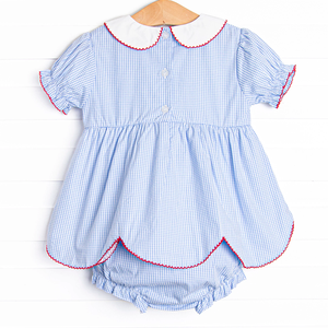 Personnalisé retour à l'école bleu vichy Seersucker bébé vêtements ensembles filles poupée collier pomme Applique coton fille bambin tenues - Product Image 2