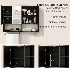 Armoire murale <span class=keywords><strong>de</strong></span> salle <span class=keywords><strong>de</strong></span> bain en bois noir avec étagères réglables, portes doubles, miroir et porte-serviettes, <span class=keywords><strong>rangement</strong></span> au-dessus des toilettes - Product Image 4