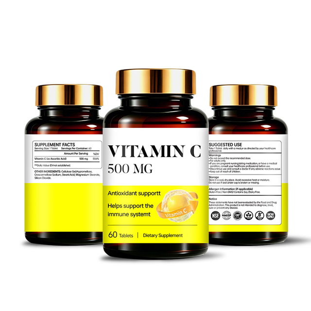 Non-GMO Vitamin C 500mg Tablets, Vegan Nutritional Supplement for Antioxidant Protection & Skin Health, GMP Private Label