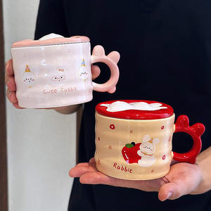 Cute Rabbit <b>Ceramic</b> <b>Mug</b> With Lid And Handle Red Pink Yellow Cartoon Design For Coffee Tea Spring 2025 Gift Cup - Product Image 5