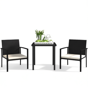 Set da Pranzo da Giardino in Rattan Nero con Cuscini Crema, 2 Posti, Arredamento da Esterno Stile Contemporaneo con Struttura in Metallo - Product Image 1