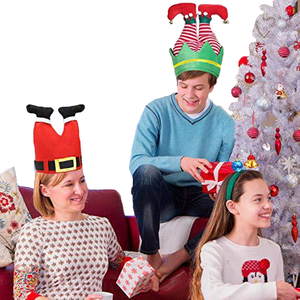 Chapeau de Noël Youki, rayé, pour fête, mignon, drôle, épais, chaud, lutin, clown, rouge, pantalon, jambe - Product Image 3