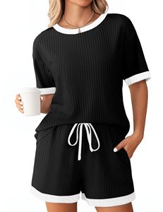 European American Women Ribbed Knit Color Block <b>Pjs</b> Solid Short Sleeve Sleepwear <b>Summer</b> - Product Image 1