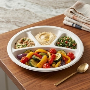Assiettes rondes à quatre compartiments de 11 pouces, écologiques, jetables, en bagasse de canne à sucre, pour les fêtes et la restauration - Product Image 6