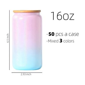 Mug à sublimation 16 oz, en verre coloré, en forme de canette de bière, avec revêtement pailleté brillant et couvercle en bambou - Product Image 3