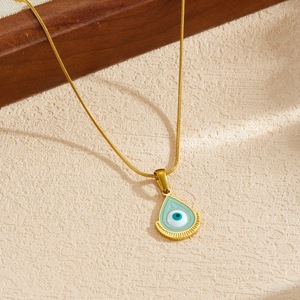 Blue Eye Pendant Necklace Teardrop Shape Gold Chain Daily Wear Gift Jewelry - Product Image 2