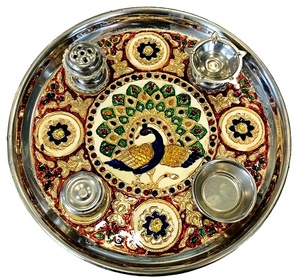 Nirmala Handicrafts Religious Stainless Steel Meenakari Peacock Design Puja Thali 4 Tumblers-Handmade <b>Casting</b> Technique - Product Image 1