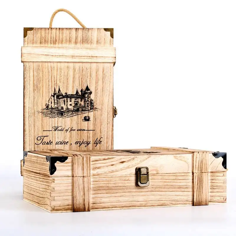 Custom Logo Factory Price Gift Packaging Decorative Storage Dark Torched Double Bottle Case Wooden Wine Boxes