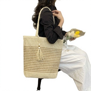 Bolso Tote Grande de Mujer Estilo Boho, Tejido, Color Sólido, Cierre Abierto, Bolso de Paja con Borlas y Forro de Poliéster para Vacaciones y Uso Diario - Product Image 4