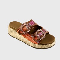Mules décontractées à bout ouvert avec empeigne tressée colorée et boucle carrée en strass, sandales compensées à plateforme pour femme