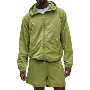 <b>Men's</b> Olive <b>Green</b> Waterproof Hooded Windbreaker Jacket & <b>Shorts</b> 2-Piece Set Lightweight Sporty Summer Outfit Full Sleeve - Product Image 2