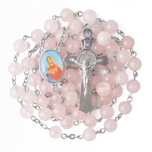 Élégant 8mm <span class=keywords><strong>Rose</strong></span> Pierre Perles Catholique Prière Chapelet Collier Dernière Bénédiction <span class=keywords><strong>Croix</strong></span> et Divine Miséricorde Vierge Marie Centre de Table - Product Image 1