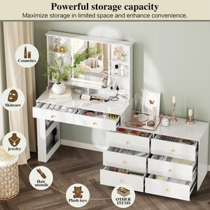 Coiffeuse blanche avec miroir LED éclairé et 8 tiroirs de rangement, table de maquillage avec prise électrique et 3 modes de couleur - Product Image 3