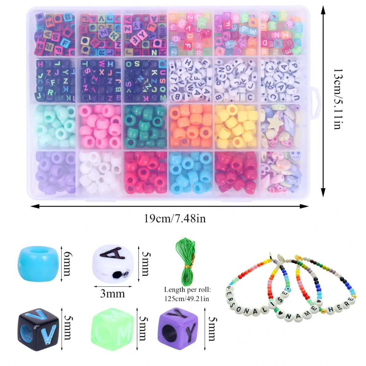 Craft Beads Set Plastik Rainbow Beads Letter Beads untuk Membuat Perhiasan Gelang dengan Garis Elastis