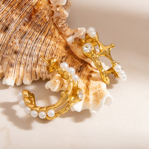 Pendientes de Perlas con Forma de Ancla, Color Oro de 18K, Acero Inoxidable, para Uso Diario - Product Image 4