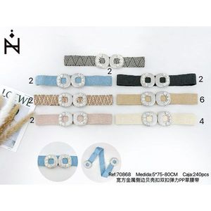 Metal <b>Belt</b> 5Cm Wide Square Metal Side Shell Double Buckle <b>Elastic</b> PP Grass <b>Belt</b> For Women Fashion Accessory - Product Image 1