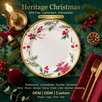 Assiette de table en mélamine OEM ODM, motif Poinsettia et houx de Noël, 8 pouces, blanche avec bord doré, ronde et plate, pour service en restaurant et hôtel