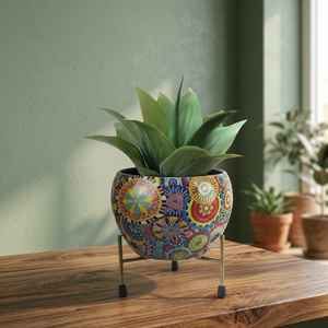 Pot de fleurs en métal émaillé créatif, rond, à motifs colorés, avec support en métal - Product Image 5
