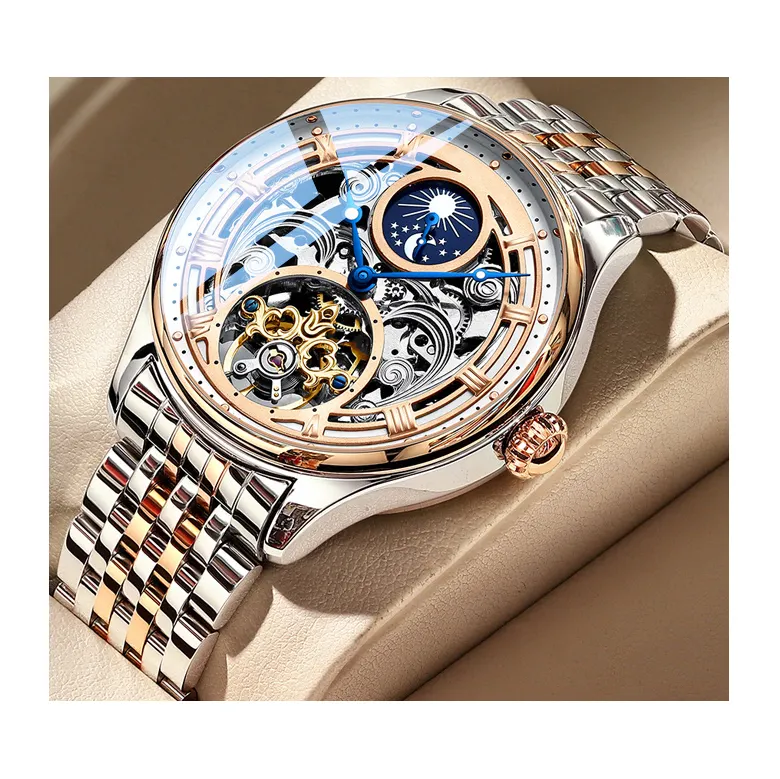 Custom stainless steel solid band all skeleton 24 hour show men automatic mechanical watches