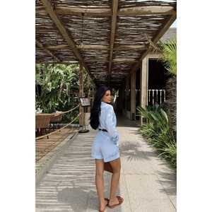 Mono azul para mujer con detalles de bolsillos, cintura alta, corte holgado y estampado deportivo, estilo bodycon de verano - Product Image 1