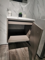 Meuble de rangement pour salle de bain avec lavabo intégré, finition haute brillance, prêt à poser au-dessus du lavabo