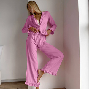 En stock, pyjamas solides en gros, vêtements de détente pour femmes, vêtements de nuit pour femmes, vêtements de maison, pyjamas pour femmes, ensemble décontracté à volants - Product Image 4