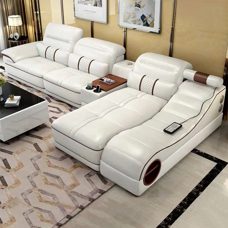 Sofa Tempat Tidur Kulit Asli untuk Ruang Tamu, Sofa Pijat dengan Pemutar Musik USB, Sofa Tempat Tidur Kulit Asli