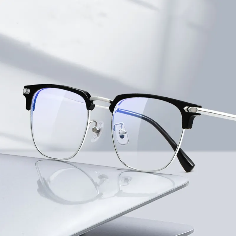 Moda kaş tel çerçeve metal optik gözlük iş rahat erkek kare yarım çerçeve anti-mavi ışık düz gözlük çerçeve