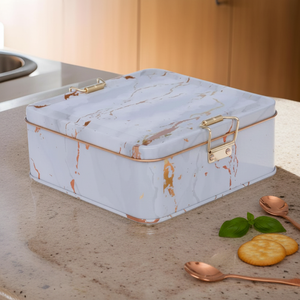 Elegant 1.9L Marble White Metal <b>Storage</b> Box 158x158x87mm <b>Square</b> with Wire Clasp and Transparent Lid Luxurious Metal <b>Baskets</b> - Product Image 3