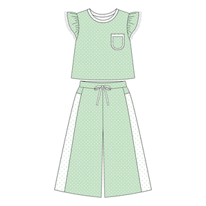 Vente en gros de hauts à manches volantées à pois pour fillettes avec poche et pantalon large, ensembles de 2 pièces, vêtements décontractés pour enfants - Product Image 6