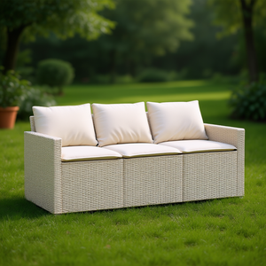 Beige Garden <b>Sofa</b> Three Seat Outdoor Furniture PE Wicker <b>Rattan</b> High Density Foam Cushion Contemporary Design - Product Image 2
