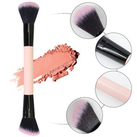 Pinceau de maquillage pour le visage à double embout, portable, de qualité supérieure, avec manche en bois, à étiquette privée, pour fard à joues, plat, rond, végétalien, synthétique, angulaire