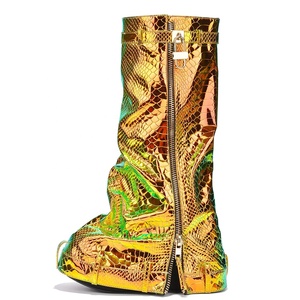 Colorful Gold Big Size 48 Women <b>Round</b> <b>Toe</b> Overlay Shoes Lady Lock Shark Wedges Long Booties Zipper Thick Soles Knee High Boots - Product Image 6