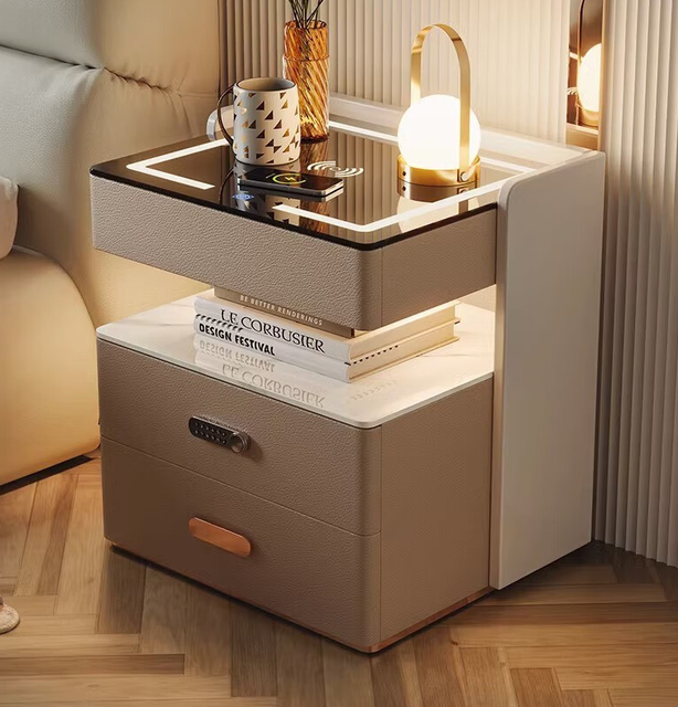 Multifunction Lock Smart Coffee Table LED Side Table Wireless Charging Nightstand Speaker Bedroom Furniture Manufacturer OEM