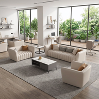 Ensemble de canapés de bureau côtelés crème, mobilier de salon chic pour espaces ouverts avec design vue sur verdure naturelle fraîche