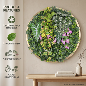 Vente en gros usine : Panneau mural végétal artificiel rond de 80 cm, feuillage coloré, cadre en herbe pour aménagement paysager commercial et décoration murale de <span class=keywords><strong>magasin</strong></span> - Product Image 1