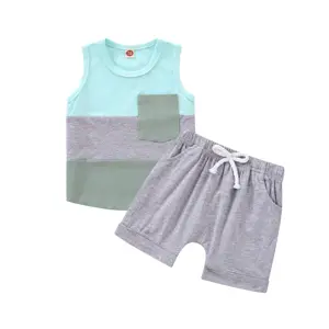 0-3歳の男の子のパッチワークの服の衣装綿のノースリーブベストトップスショーツ2個の夏の幼児の男の子の服のセット