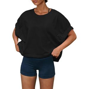 Camiseta Deportiva Oversize para Mujer, Manga Corta, Puños Elásticos, Ajuste Holgado, Estilo Crop, para Gimnasio y Running, Poliéster Sólido - Product Image 1